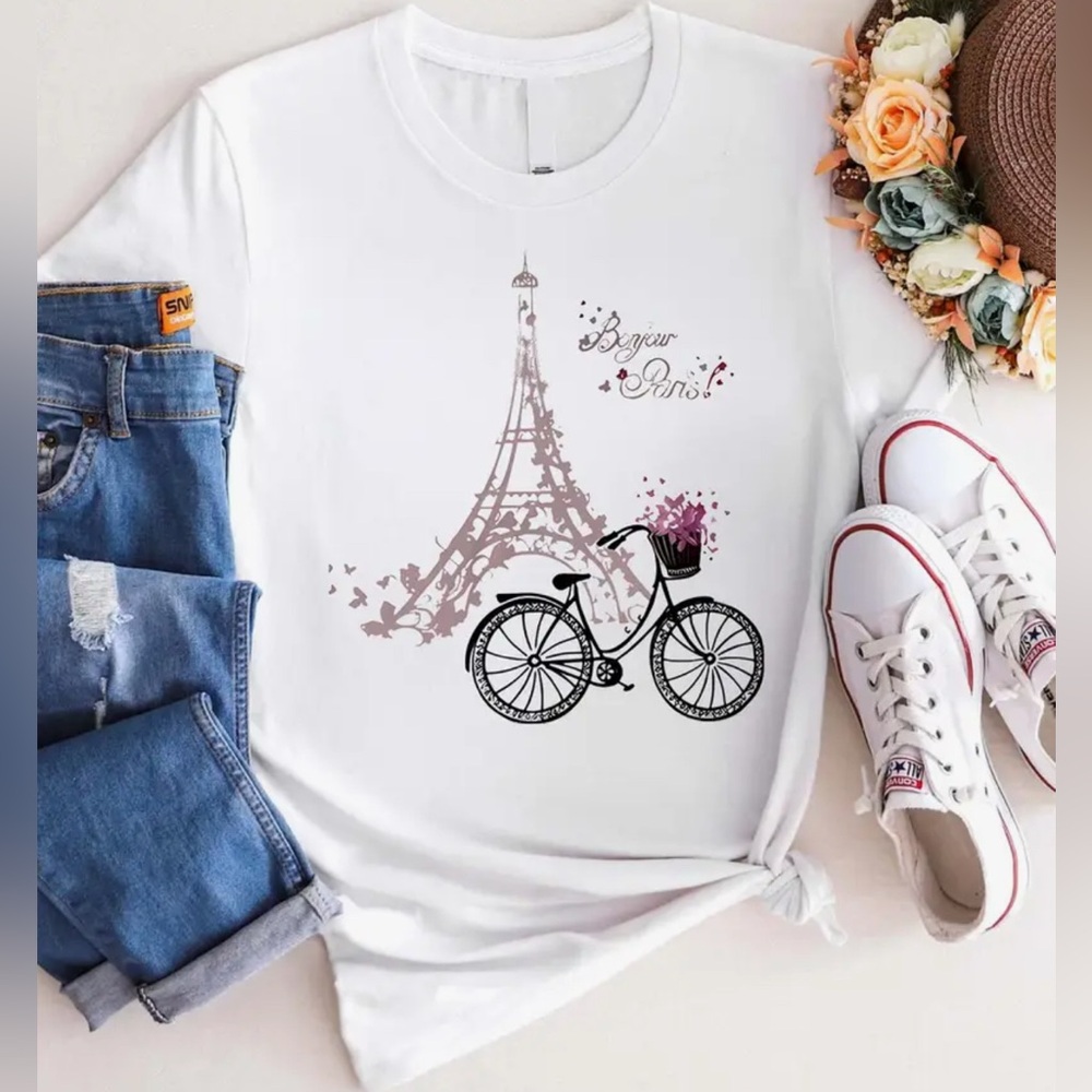 White Graphic Tee with Eiffel Tower Design - Picture 6 of 6